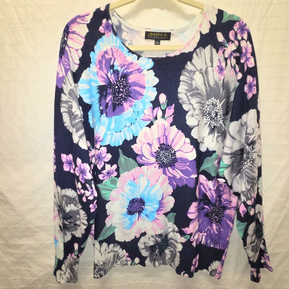 Joseph A Womens Sweater Large Floral Teal Pink Black Lightweight Knit Pullover